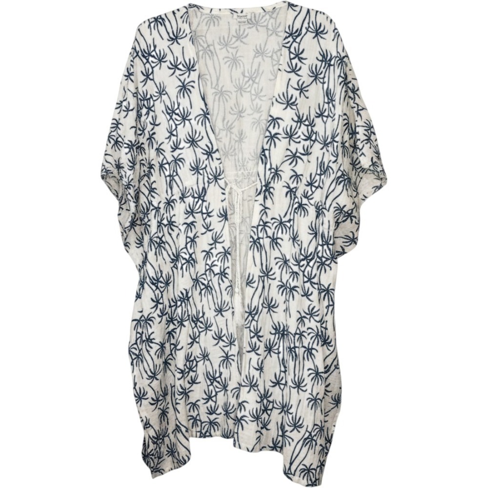 Splendid Surf Palm Tree Print Cotton Gauze Swim Coverup Kaftan White Blue M/L